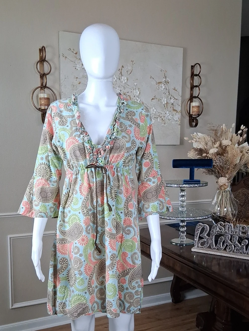 Women's Boho Linen Paisley Print Summer Dress  Multicolor Coverup Medium - Picture 9 of 17